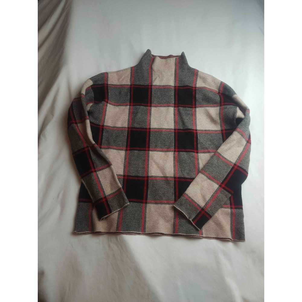 Rachel Zoe Sweater Womens Small Beige Black Plaid Knit Mock Neck Pullover Casual